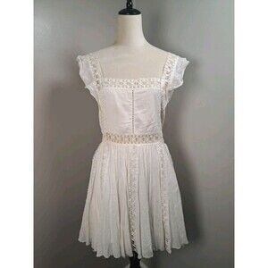 Free People FP One Verona Mini Dress LG Crochet Lace Smocked Fairy Boho Country
